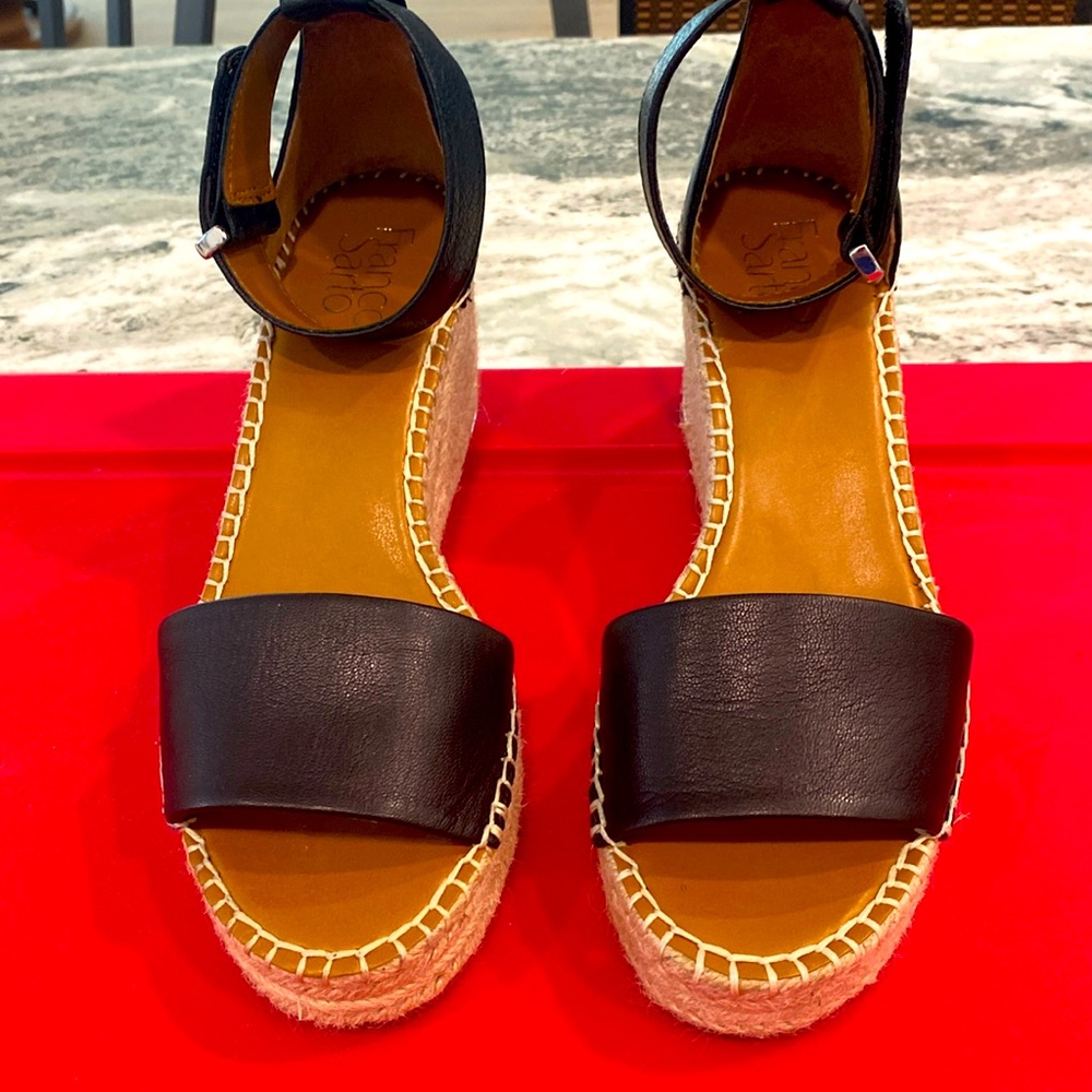 Franco Sarto Black and Tan Platform Sandals